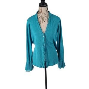 Jones New York Collection ladies Linen cardigan blue Sz XL Ruffle detail office
